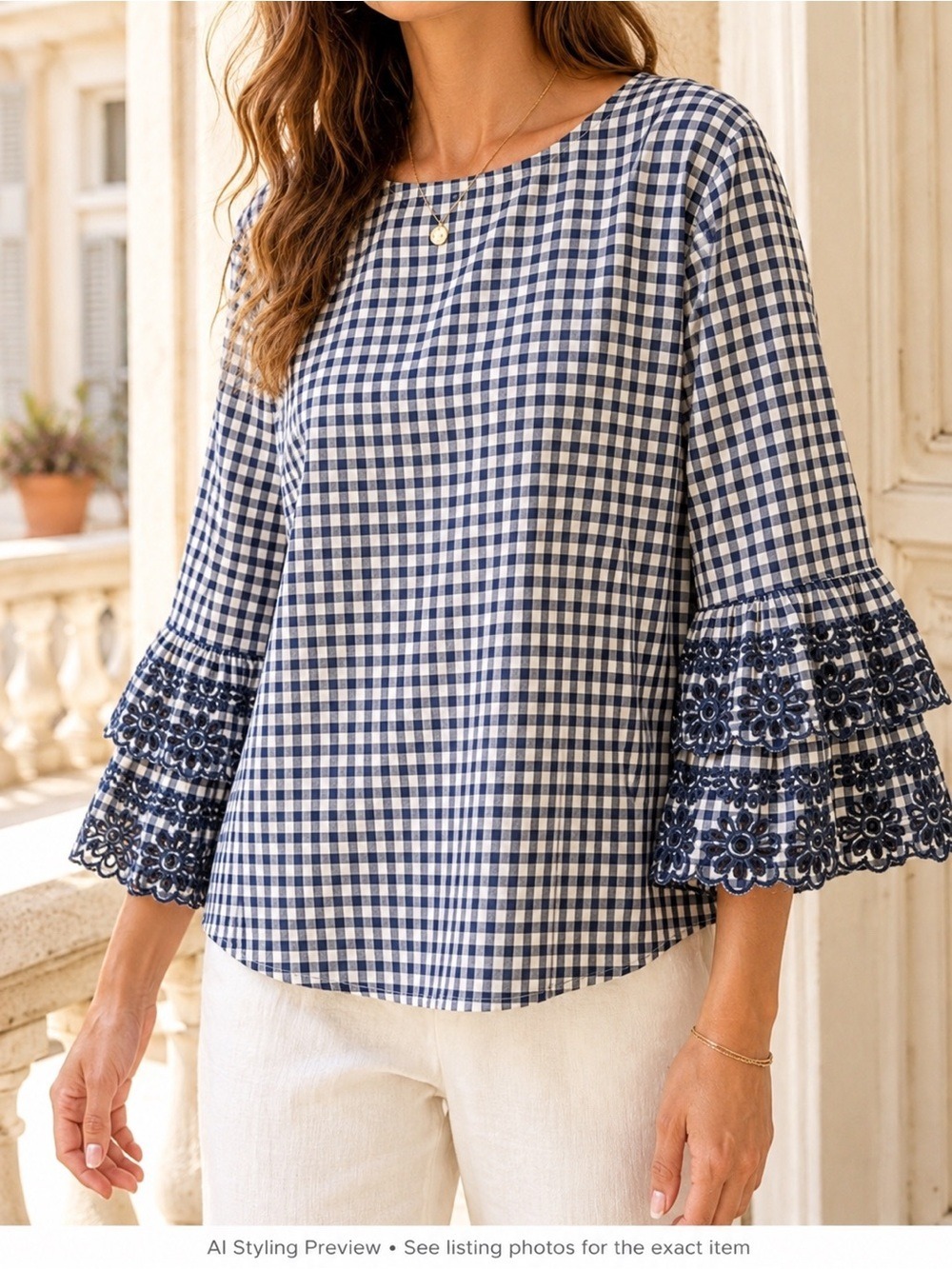 Jennifer And Grace Navy Gingham Eyelet Bell Sleeve Cotton Blouse Large